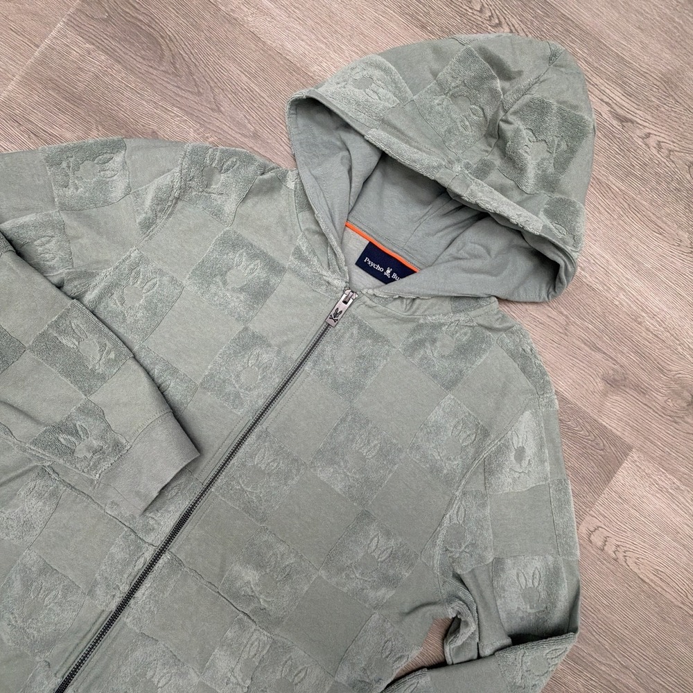 Psycho Bunny Hoodie Boys L 14-16 Sage Green Checkerboard Logo Full Zip Terry